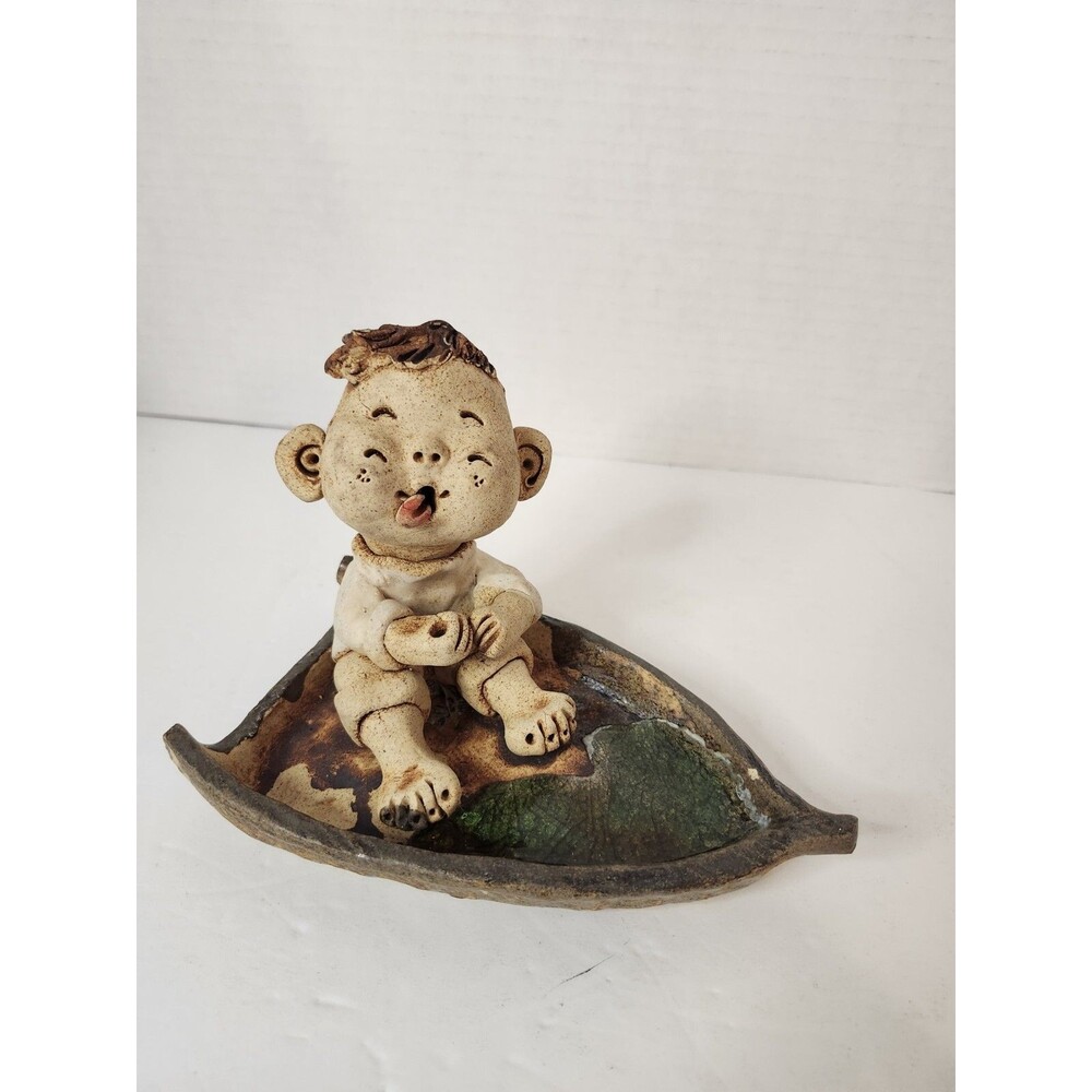 Vintage Korean Clay Pottery Figurine Boy Fishing